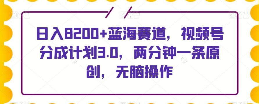 日入8200+蓝海赛道，视频号分成计划3.0，两分钟一条原创，无脑操作-九洲网