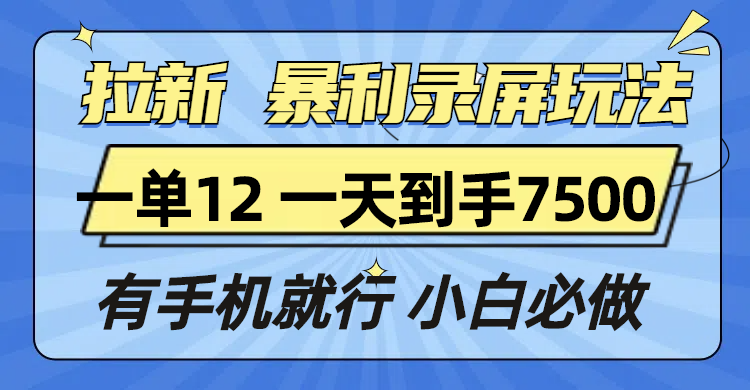 拉新暴利录屏玩法，一单12块，一天到手7500，有手机就行-九洲网