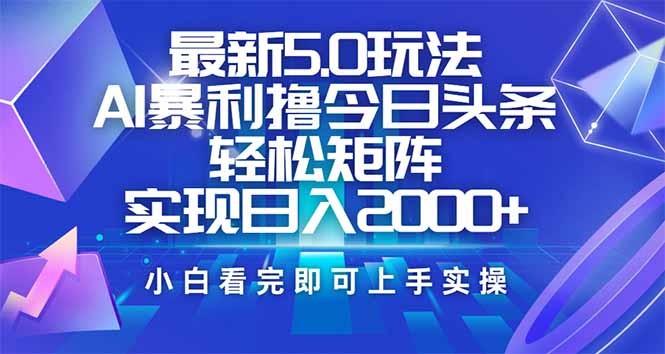 今日头条最新5.0玩法，思路简单，复制粘贴，轻松实现矩阵日入2000+-九洲网