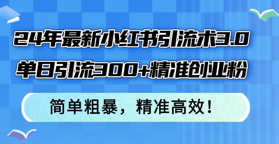 24年最新小红书引流术3.0，单日引流300+精准创业粉，简单粗暴，精准高效！-九洲网
