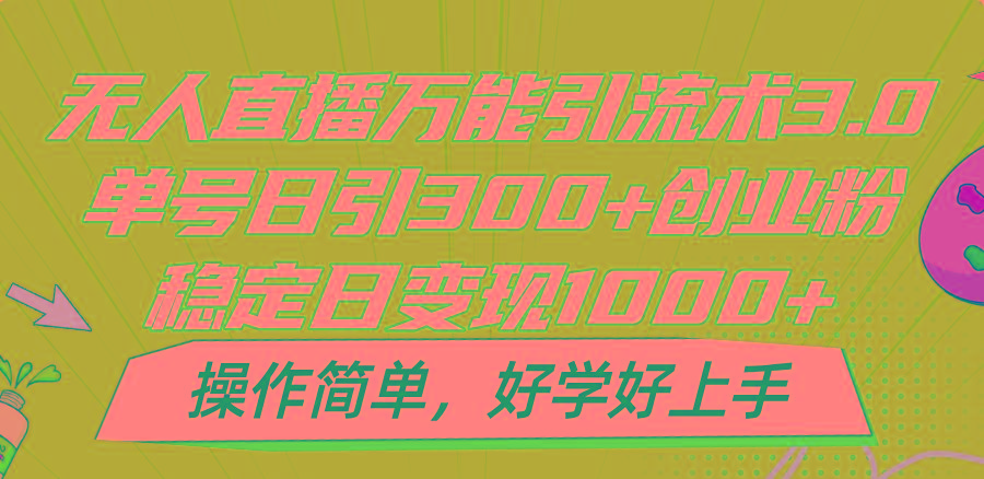 无人直播万能引流术3.0，单号日引300+创业粉，稳定日变现1000+，操作简单-九洲网