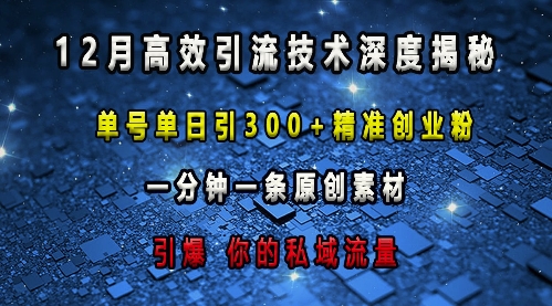 最新高效引流技术深度揭秘 ，单号单日引300+精准创业粉，一分钟一条原创素材，引爆你的私域流量-九洲网
