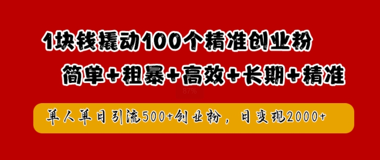 1块钱撬动100个精准创业粉，简单粗暴高效长期精准，单人单日引流500+创业粉，日变现2k【揭秘】-九洲网