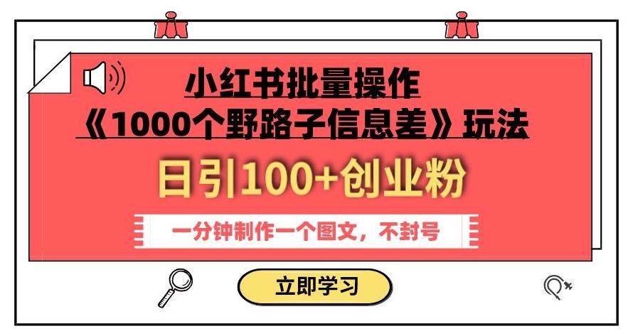 小红书批量操作《1000个野路子信息差》玩法，一分钟制作一个图文，不封号，日引100+创业粉-九洲网