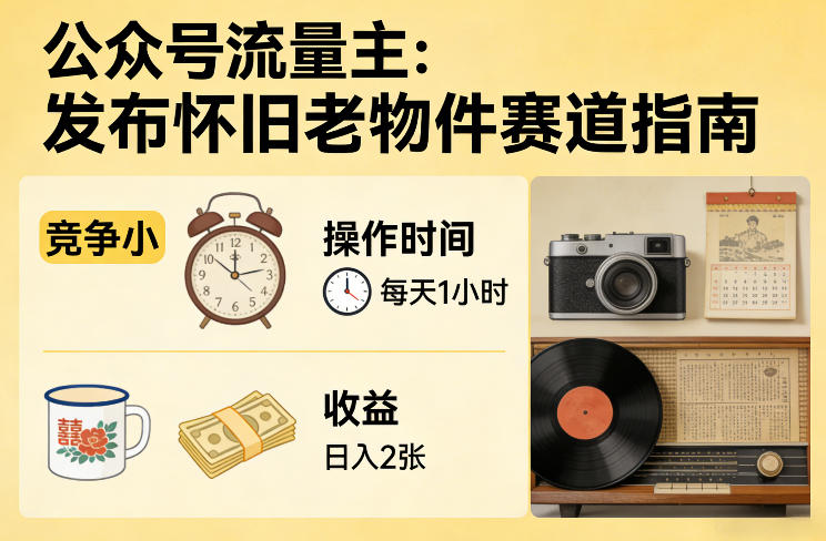 公众号流量主之发布怀旧老物件赛道，竞争小，每天操作1小时，日入2张-九洲网