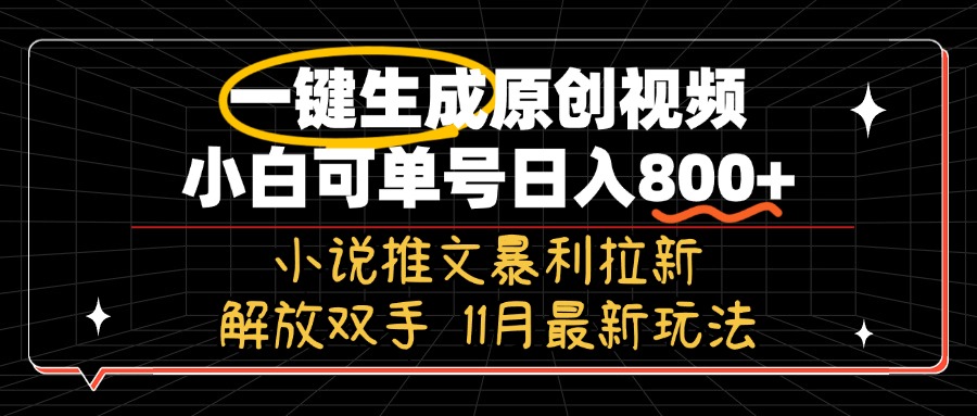 11月最新玩法小说推文暴利拉新，一键生成原创视频，小白可单号日入800+...-九洲网