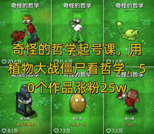 奇怪的哲学起号课，用植物大战僵尸看哲学，50个作品涨粉25w，暴力撸收益，全平台均可发布-九洲网