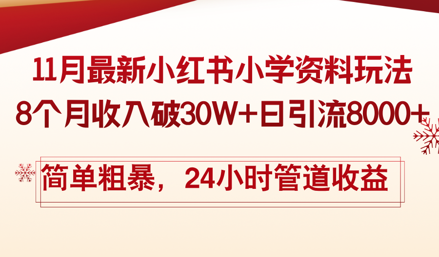 11月份最新小红书小学资料玩法，8个月收入破30W+日引流8000+，简单粗暴...-九洲网