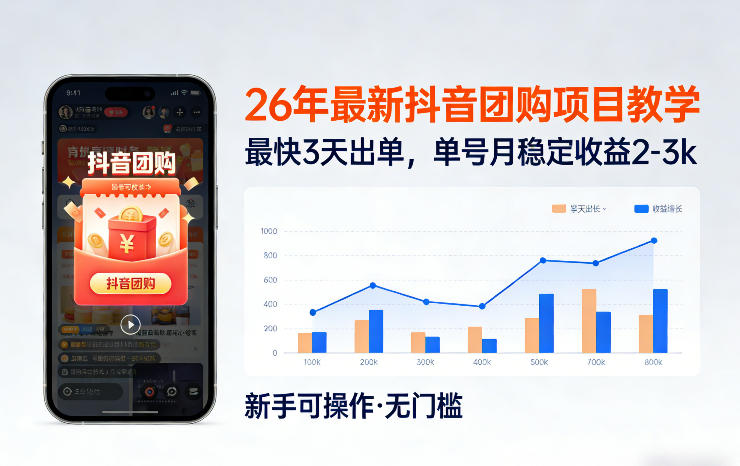 26年最新抖音团购项目教学，0门槛，最快3天出单，单号月稳定收益2-3k-九洲网