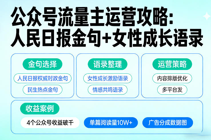 利用人民日报金句+女性成长语录做公众号流量主，4个公众号收益破千-九洲网