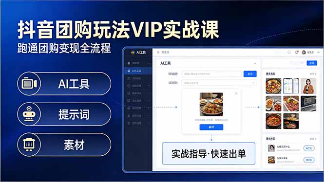 抖音团购玩法VIP实战课：原创视频制作+全国地址挂载+AI工具+提示词+素材，跑通团购变现全流程-九洲网