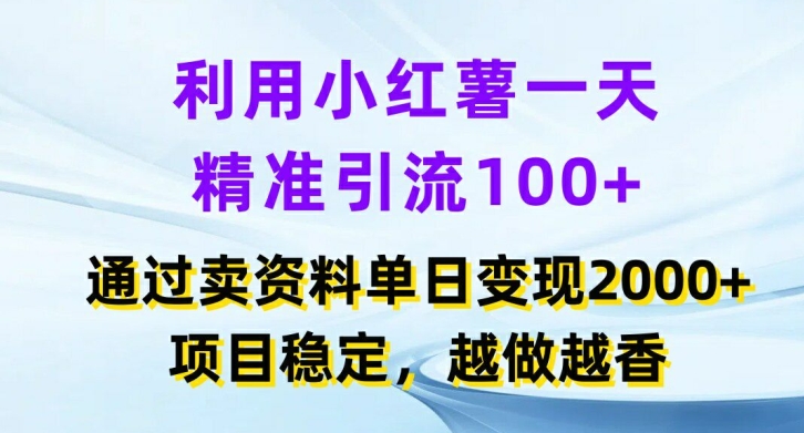 利用小红书一天精准引流100+，通过卖项目单日变现2k+，项目稳定，越做越香【揭秘】-九洲网