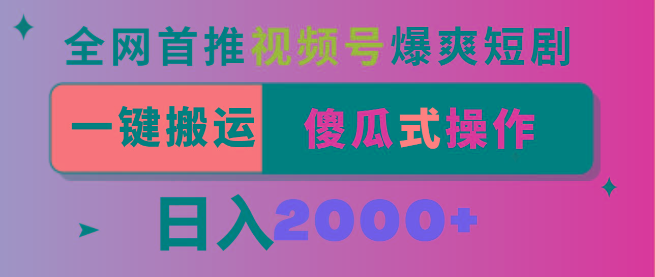 视频号爆爽短剧推广，一键搬运，傻瓜式操作，日入2000+-九洲网