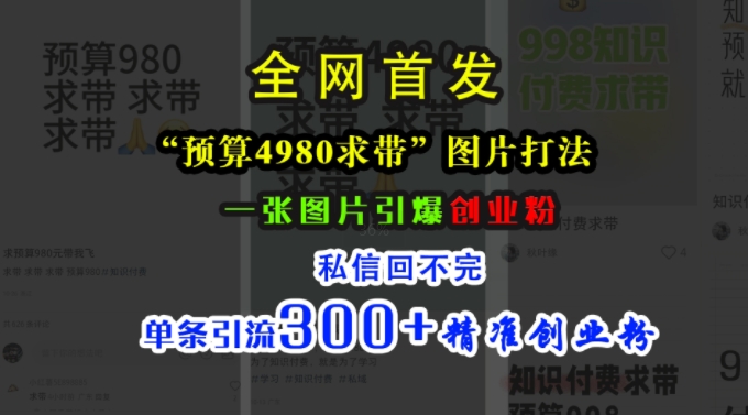 小红书“预算4980带我飞”图片打法，一张图片引爆创业粉，私信回不完，单条引流300+精准创业粉-九洲网