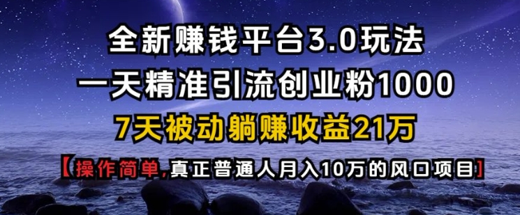全新赚钱平台3.0玩法一天精准引流创业粉1000.7天被动躺Z收益21W【仅揭秘】-九洲网