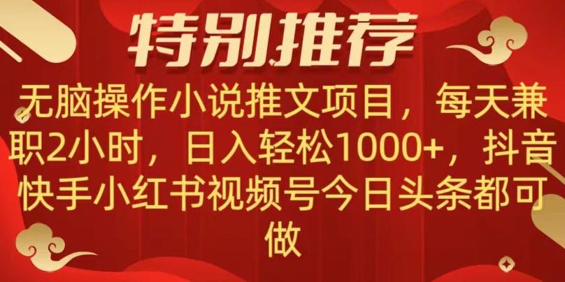无脑操作【小说推文项目】，兼职每天两小时，日入轻松1000+，抖音快手视频号小红湖中视频都可做【揭秘】-九洲网
