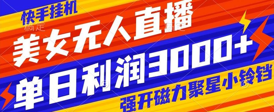 快手挂机，美女无人直播，强开磁力聚星小铃铛，日入3000+-九洲网