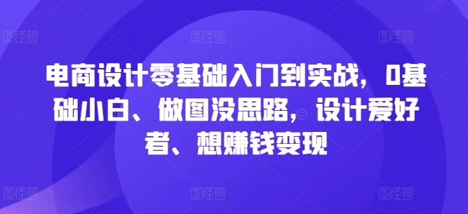 电商设计零基础入门到实战，0基础小白、做图没思路，设计爱好者、想赚钱变现-九洲网