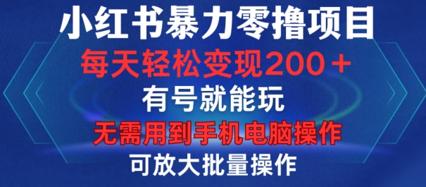 小红书暴力零撸项目，有号就能玩，单号每天变现1到15元，可放大批量操作，无需手机电脑操作【揭秘】-九洲网