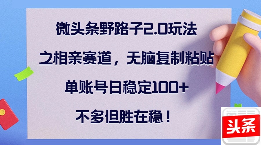 微头条野路子2.0玩法之相亲赛道，无脑复制粘贴，单账号日稳定100+，不...-九洲网