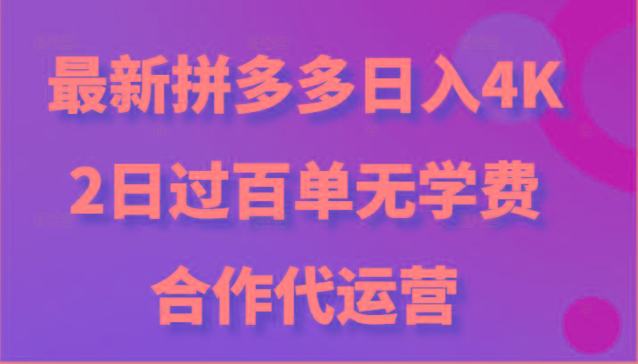 最新拼多多，日入4K+，2日过百单无学费，合作代运营-九洲网